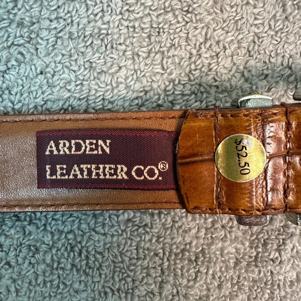 Arden Leather Co Mens Tan Italian Croco Calfskin Belt Silver Gold Buckle Size 42